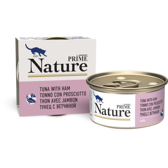 PRIME NATURE консервы для взрослых кошек с тунцом и ветчиной, в желе - 85 г x 24 шт