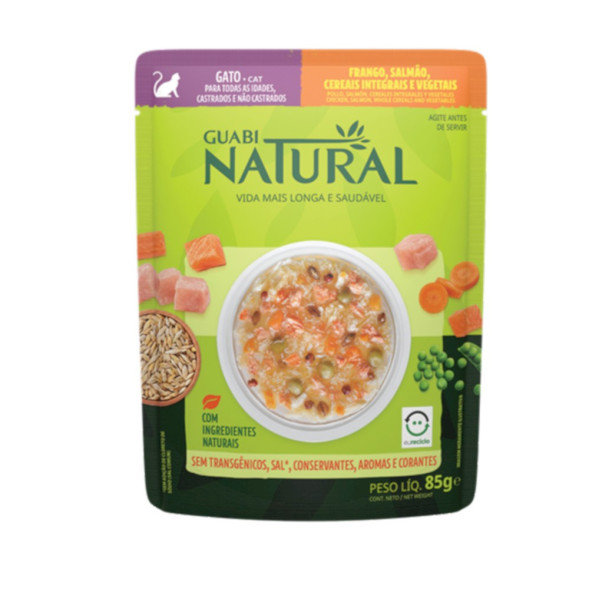 Guabi Natural Cat паучи для взрослых кошек курица, лосось, цельнозерновые злаки и овощи - 85 г x 18 шт