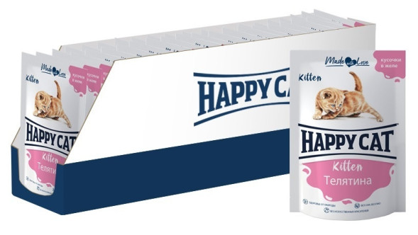 Happy Cat паучи для котят, с телятиной, кусочки в желе - 85 г х 24 шт