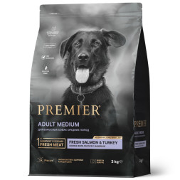 Premier Dog Salmon &amp;amp; Turkey Adult Medium сухой корм для собак средних пород, свежее филе лосося с индейкой - 3 кг