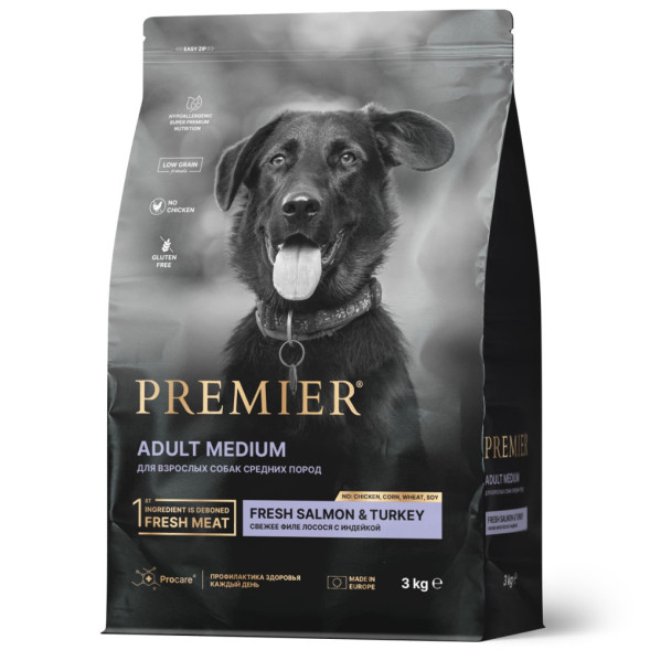 Premier Dog Salmon &amp;amp; Turkey Adult Medium сухой корм для собак средних пород, свежее филе лосося с индейкой - 3 кг