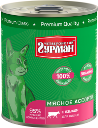 Четвероногий Гурман Мясное ассорти влажный корм для взрослых кошек с языком, в консервах - 340 г x 12 шт