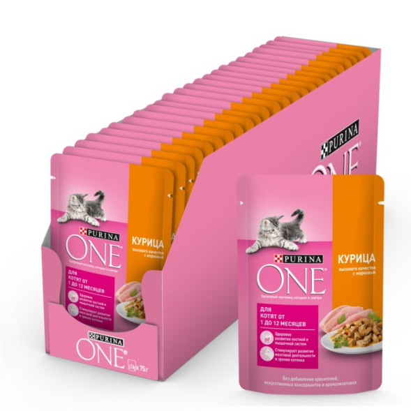 Влажный корм для котят Purina ONE с курицей и морковью 75 г x 26 шт