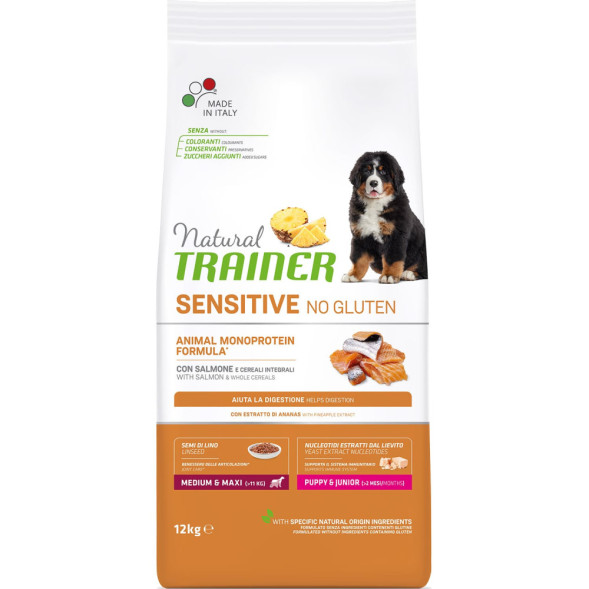 Trainer Natural Sensitive No Gluten Puppy&amp;amp;Jun M/M сухой корм без глютена для щенков и юниоров средних и крупных пород с лососем 12 кг