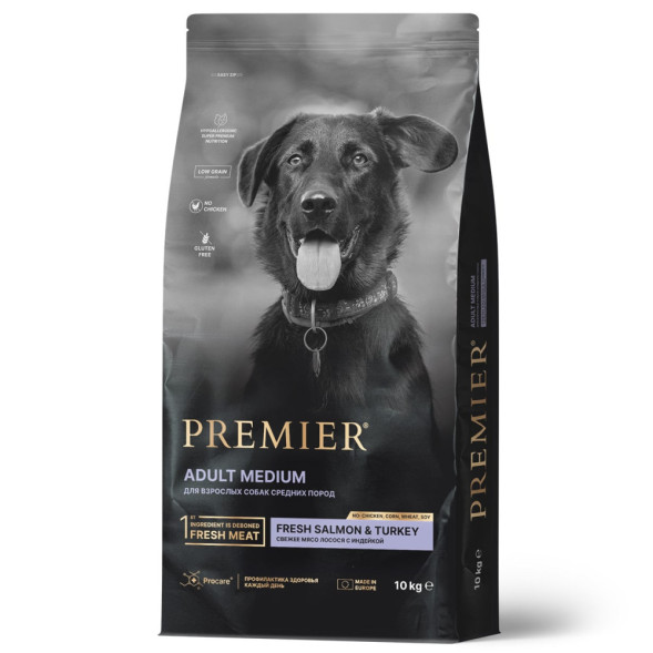 Premier Dog Salmon &amp;amp; Turkey Adult Medium сухой корм для собак средних пород, свежее филе лосося с индейкой - 10 кг