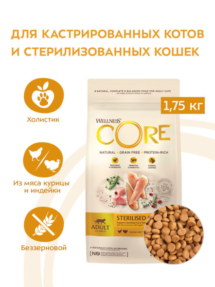 Wellness Core сухой корм для стерилизованных кошек с курицей и индейкой 1,75 кг