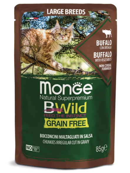 Monge Cat BWild Grain Free влажный беззерновой корм для взрослых кошек с мясом буйвола и овощами в паучах 85 г (28 шт в уп)
