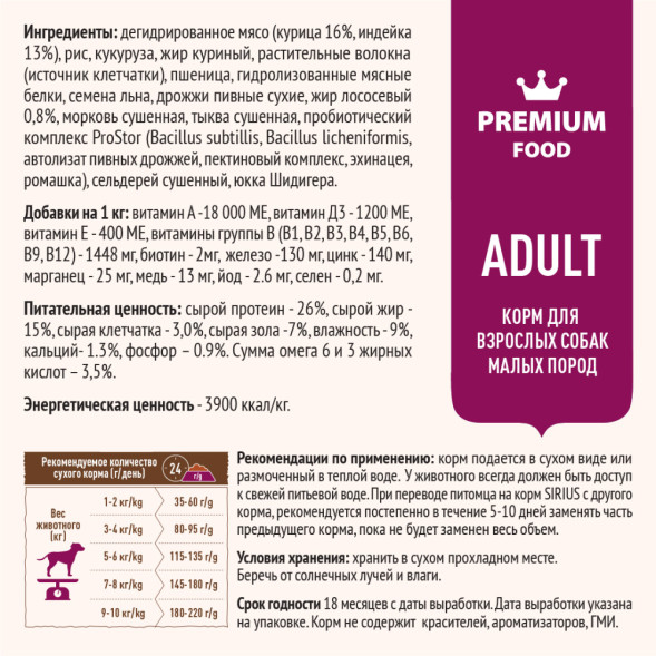 Sirius с индейкой для малых пород сухой корм для собак 2 кг