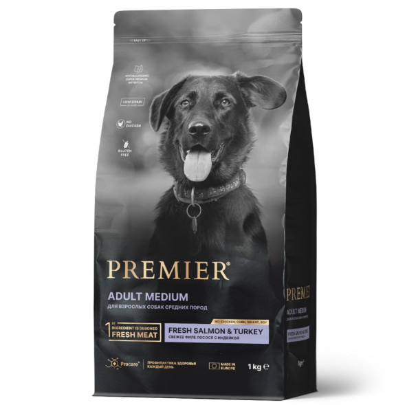 Premier Dog Salmon &amp;amp; Turkey Adult Medium сухой корм для собак средних пород, свежее филе лосося с индейкой - 1 кг