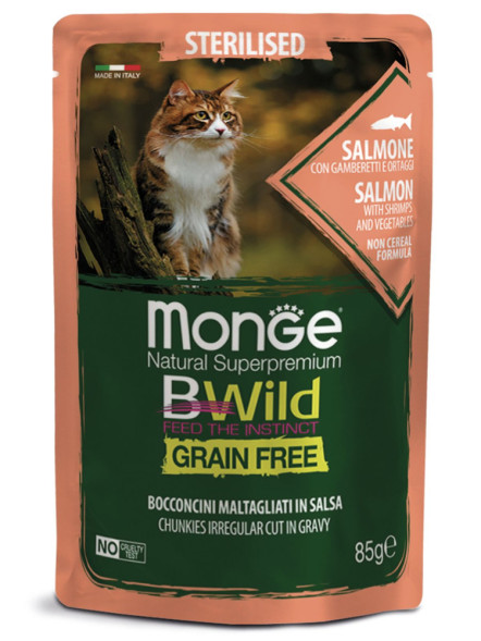 Monge Cat BWild Grain Free влажный беззерновой корм для стерилизованных кошек с лососем, креветками и овощами в паучах 85 г (28 шт в уп)