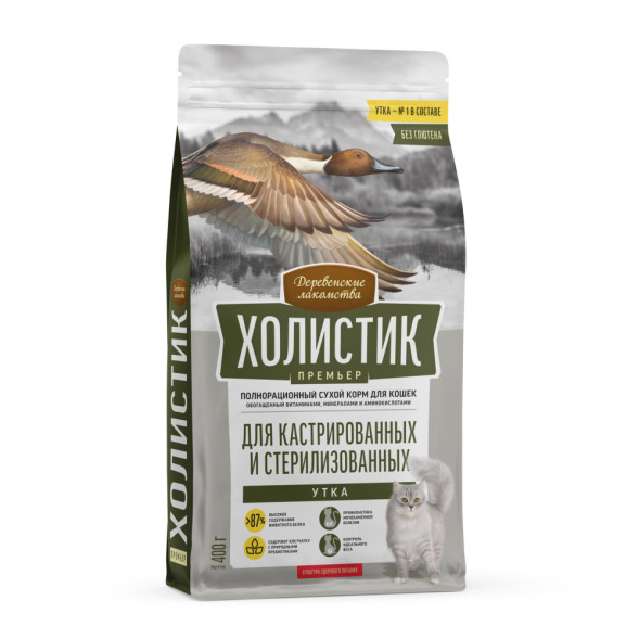 Деревенские лакомства Холистик Премьер сухой корм для стерилизованных кошек с уткой - 400 г