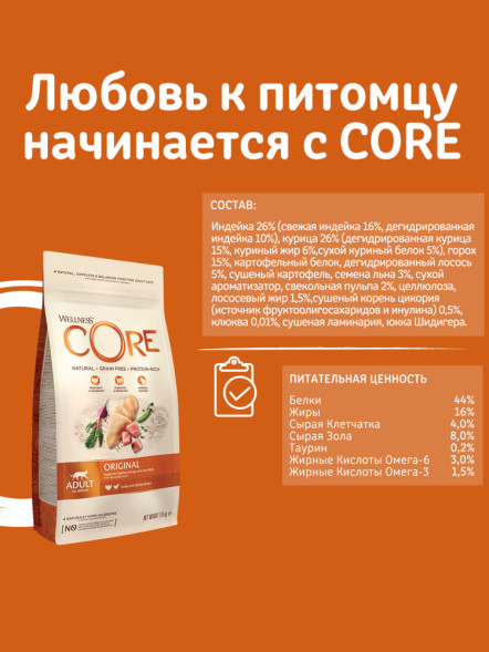 Wellness Core сухой корм для взрослых кошек с индейкой и курицей 300 г