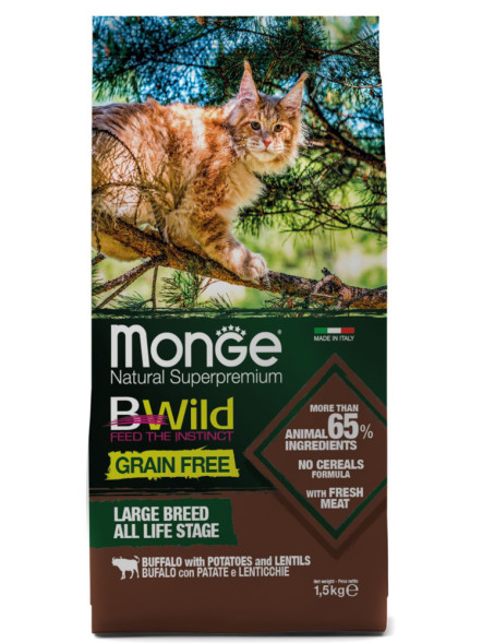 Monge Cat BWild Grain Free сухой беззерновой корм для крупных кошек с мясом буйвола 1,5 кг