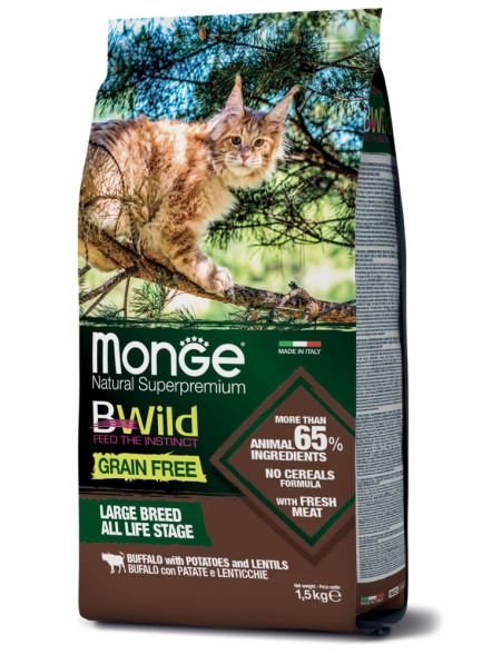 Monge Cat BWild Grain Free сухой беззерновой корм для крупных кошек с мясом буйвола 1,5 кг