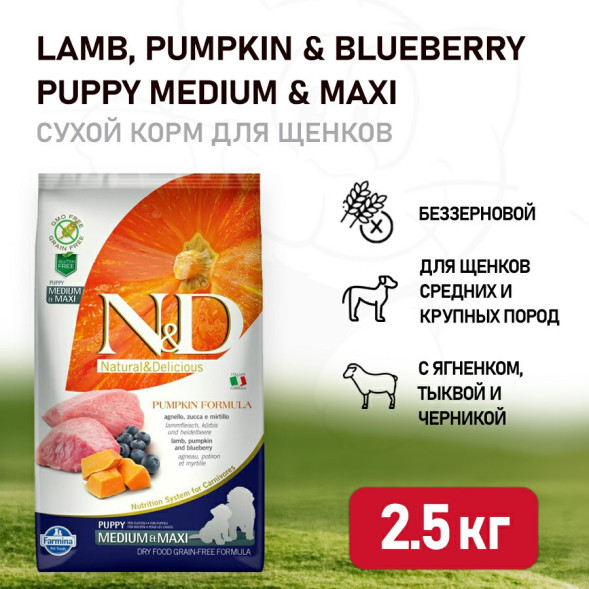 Farmina N&amp;amp;D Pumpkin Dog Grain Free Lamb &amp;amp; Blueberry Puppy Medium &amp;amp; Maxi сухой беззерновой корм для щенков средних и крупных пород с ягненком, черникой и тыквой - 2,5 кг