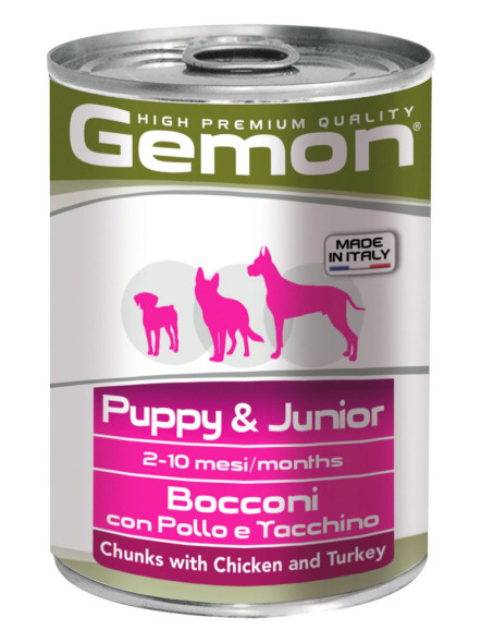 Gemon Dog влажный корм для щенков и юниоров с кусочками курицы и индейки в консервах 415 г х 24 шт