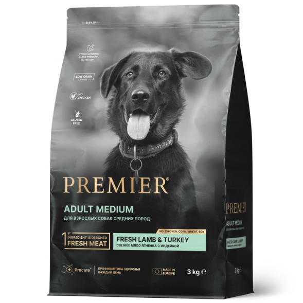 Premier Dog Lamb &amp;amp; Turkey Adult Medium сухой корм для собак средних пород, свежее мясо ягненка с индейкой - 3 кг