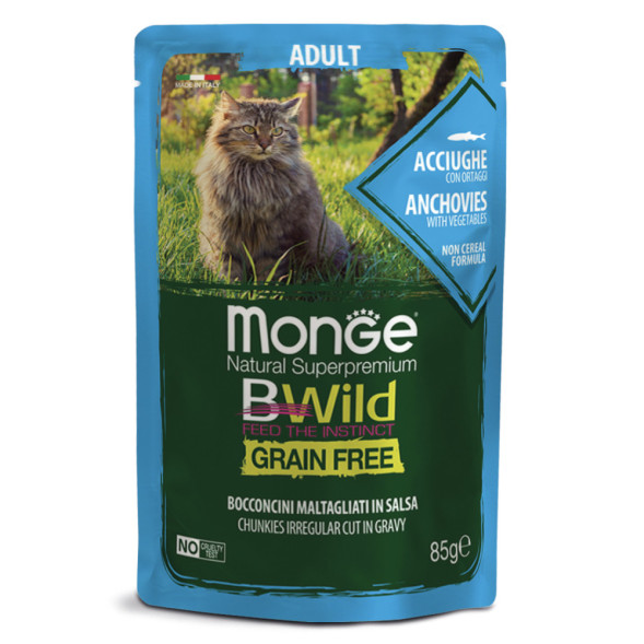 Monge Cat BWild Grain Free влажный беззерновой корм для взрослых кошек с анчоусами и овощами в паучах 85 г (28 шт в уп)