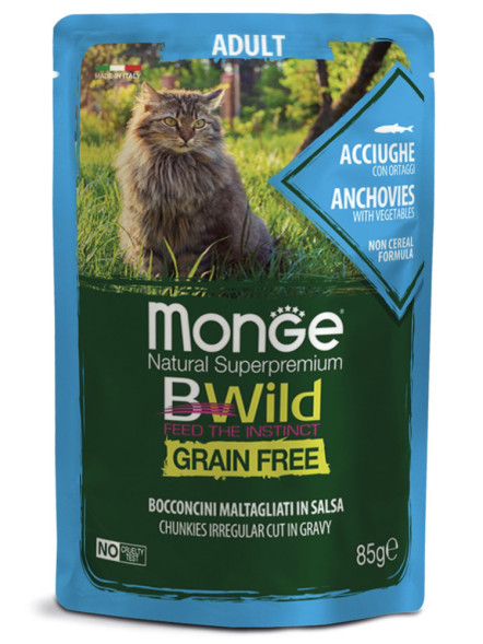 Monge Cat BWild Grain Free влажный беззерновой корм для взрослых кошек с анчоусами и овощами в паучах 85 г (28 шт в уп)