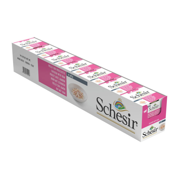 Schesir Cat Adult влажный корм для взрослых кошек с филе цыпленка и ветчиной в желе, в консервах - 85 г х 14 шт