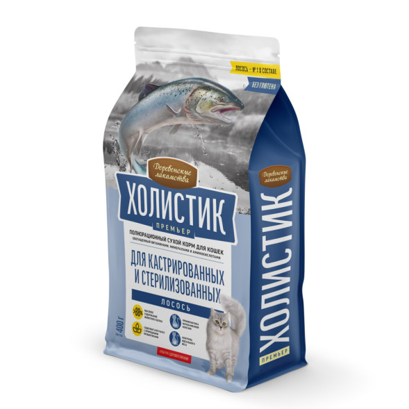 Деревенские лакомства Холистик Премьер сухой корм для стерилизованных кошек с лососем - 400 г