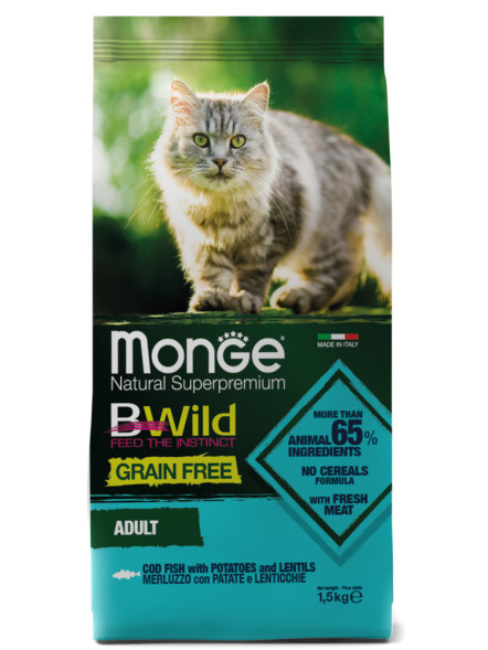 Monge Cat BWild Grain Free сухой беззерновой корм для взрослых кошек с треской 1,5 кг
