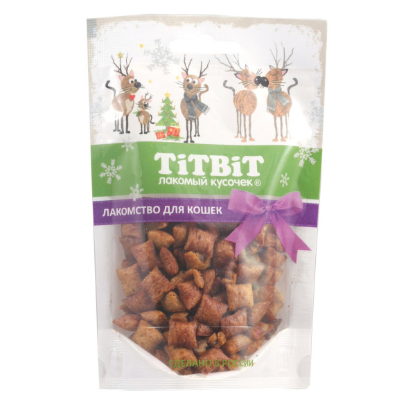 Titbit Новогодняя коллекция лакомство для кошек хрустящие подушечки с паштетом из индейки - 50 г