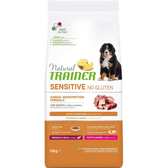 Trainer Natural Dog Sensitive Puppy &amp;amp; Junior сухой безглютеновый корм для щенков средних и крупных пород с чувствительным пищеварением с уткой - 12 кг
