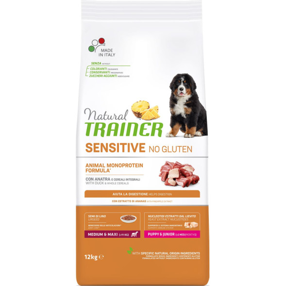 Trainer Natural Dog Sensitive Puppy &amp;amp; Junior сухой безглютеновый корм для щенков средних и крупных пород с чувствительным пищеварением с уткой - 12 кг