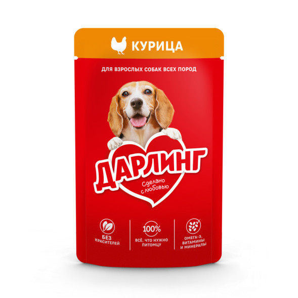 Дарлинг влажный корм для взрослых собак с курицей в подливе, в паучах - 75 г х 26 шт