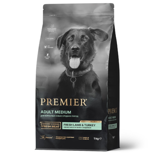 Premier Dog Lamb &amp;amp; Turkey Adult Medium сухой корм для собак средних пород, свежее мясо ягненка с индейкой - 1 кг