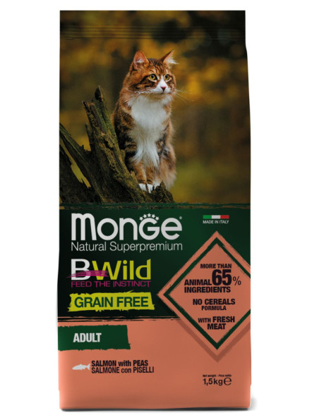 Monge Cat BWild Grain Free сухой беззерновой корм для взрослых кошек с лососем 1,5 кг