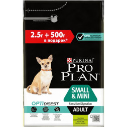 Сухой корм PRO PLAN® для взрослых собак мелких и карликовых пород с чувствительным пищеварением, с высоким содержанием ягненка 2,5 кг + 500 г в подарок