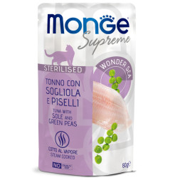 Monge Supreme Sterilized Cat влажный корм для стерилизованных кошек с тунцом, желтоперой камбалой и зелёным горошком - 80 г х 24 шт
