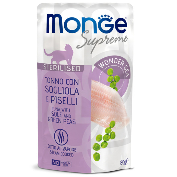 Monge Supreme Sterilized Cat влажный корм для стерилизованных кошек с тунцом, желтоперой камбалой и зелёным горошком - 80 г х 24 шт