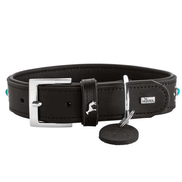 Hunter Madona M ошейник для собак, 35-45 см, натуральная кожа, черный, фурнитура с имитацией бирюзы