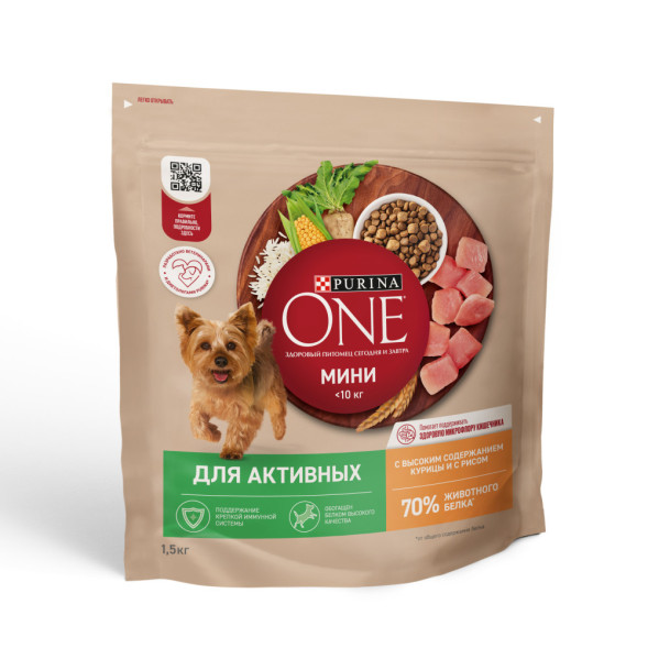 Purina ONE Мини сухой корм для собак мелких пород при активном образе жизни с курицей и рисом - 1,5 кг