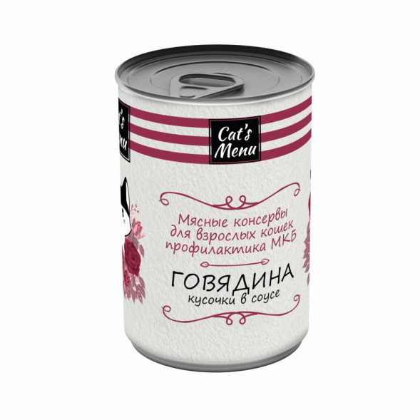 Cat`s Menu влажный корм для взрослых кошек для профилактики МКБ с говядиной кусочки в соусе в консервах - 340 г х 12 шт