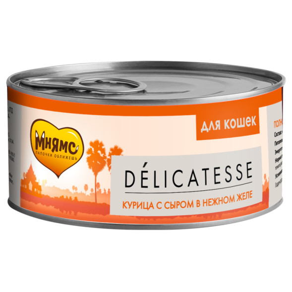 Мнямс влажный корм для взрослых кошек курица с сыром в нежном желе в консервах - 70 г х 24 шт