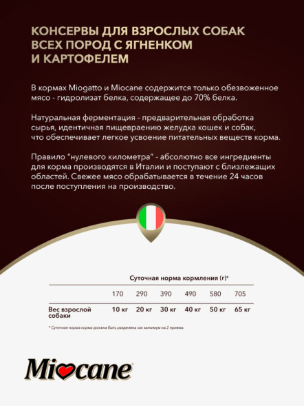 Miocane влажный корм для взрослых собак паштет с ягненком и картофелем, в консервах - 400 г х 24 шт