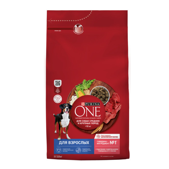 Purina ONE сухой корм для собак средних и крупных пород с говядиной и рисом - 3,8 кг