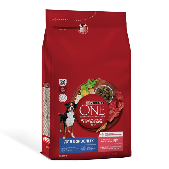 Purina ONE сухой корм для собак средних и крупных пород с говядиной и рисом - 3,8 кг