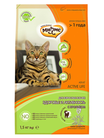 Мнямс Active Life сухой корм для взрослых кошек с кроликом - 1,5 кг