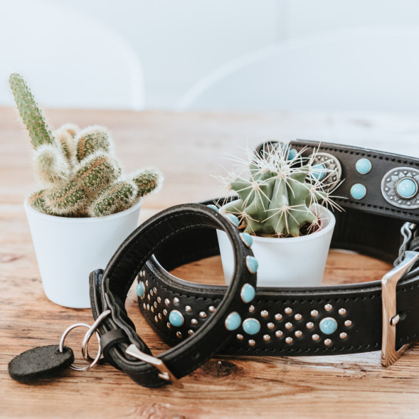 Hunter Madona XL ошейник для собак, 55-65 см, натуральная кожа, черный, фурнитура с имитацией бирюзы