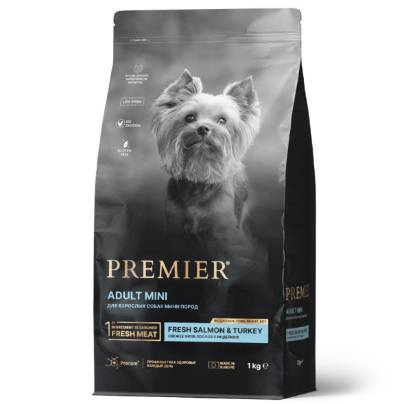 Premier Dog Salmon &amp;amp; Turkey Adult Mini сухой корм для собак мелких пород, свежее филе лосося с индейкой - 1 кг
