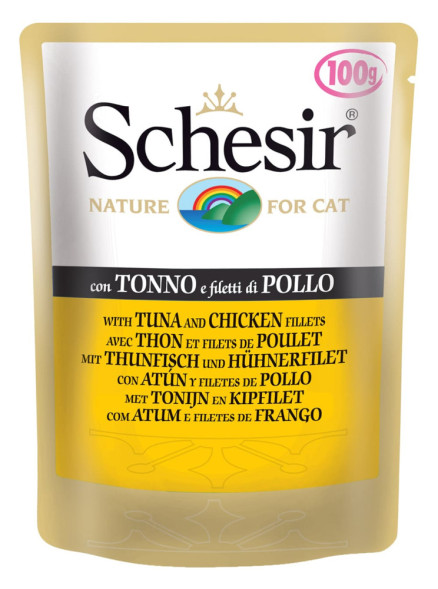 Schesir Cat Adult влажный корм для взрослых кошек с тунцом и цыпленком в паучах - 100 г х 20 шт