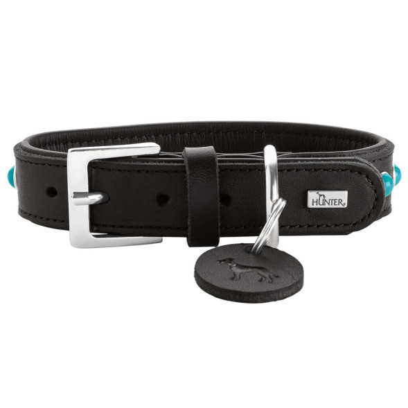 Hunter Modica S ошейник для собак, 31-37 см, натуральная кожа, черный, фурнитура с имитацией бирюзы
