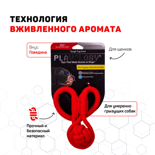 Playology TOUGH TUG KNOT жевательный канат для щенков 4-8 месяцев с ароматом говядины, красный