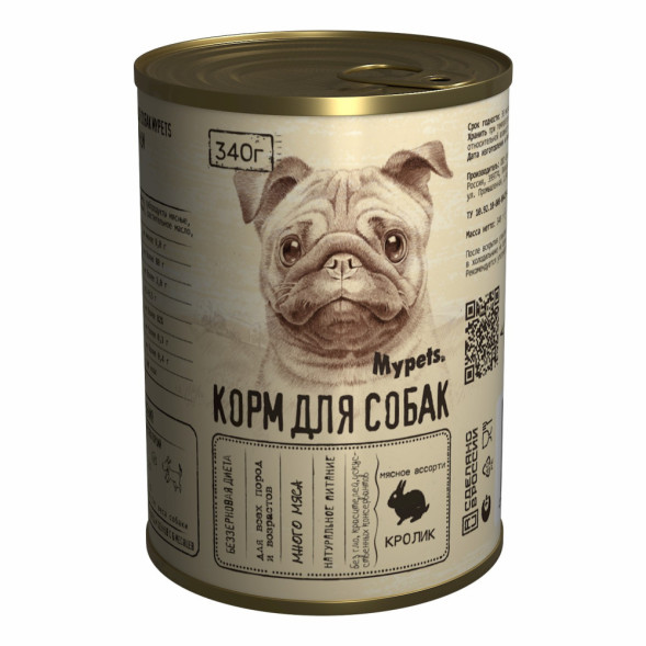 Mypets влажный корм для взрослых собак, мясное ассорти с кроликом, в консервах - 340 г х 12 шт