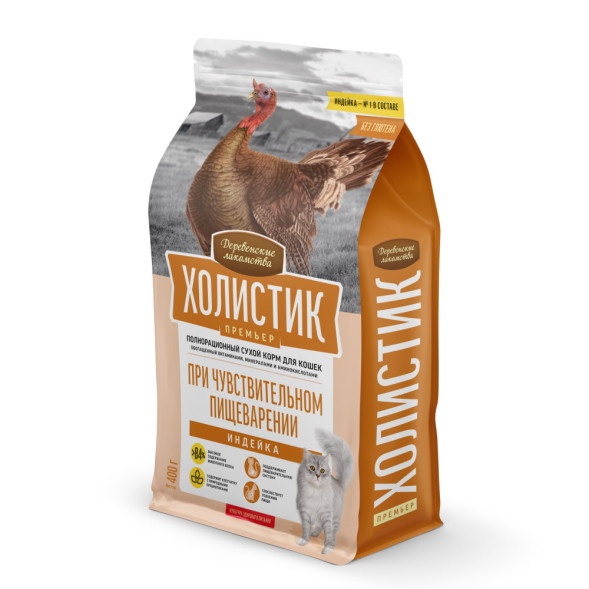 Деревенские лакомства Холистик Премьер сухой корм для кошек при чувствительном пищеварении, с индейкой - 400 г